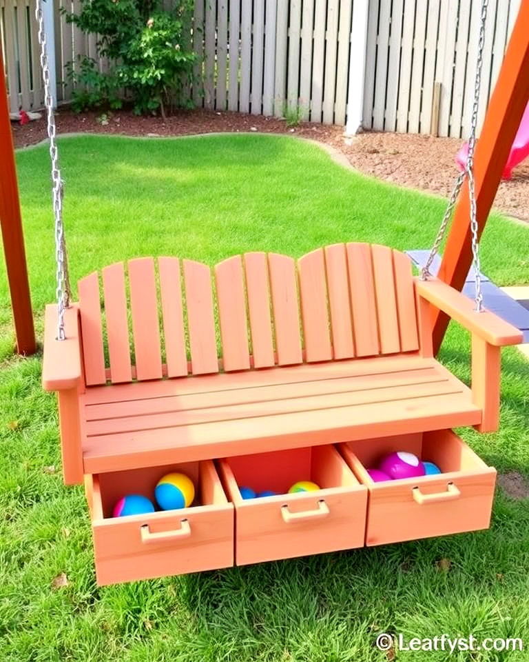 under seat storage on swing sets - 25 Outdoor Toy Storage Ideas