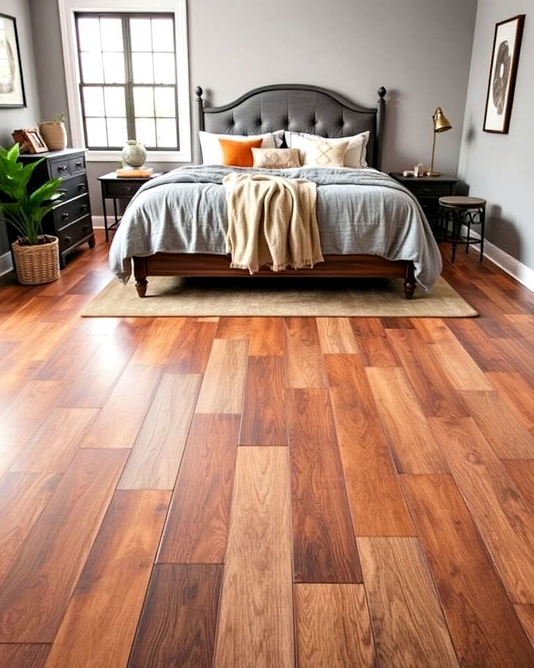 unique and dynamic look with mixed tone vinyl planks - 15 Vinyl Flooring Bedroom Ideas