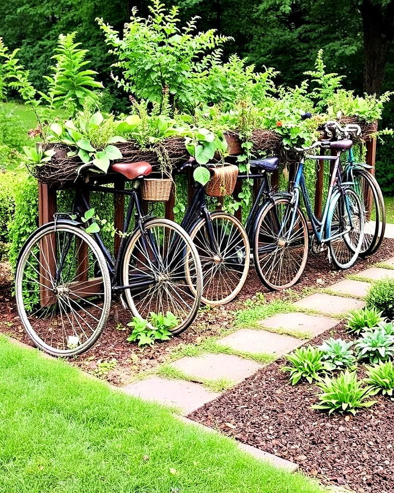 unique garden bike fence or border - 15 Old Bicycle Garden Ideas