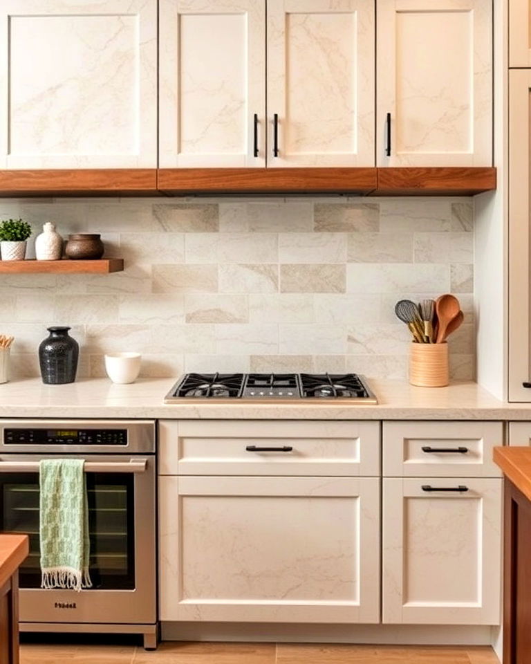 unique mixed tile sizes backsplash - 15 Travertine Kitchen Backsplash Ideas