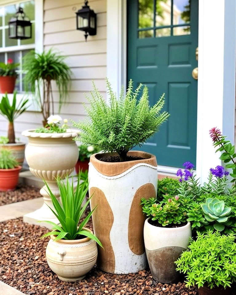 unique planters as statement pieces - 20 Front Yard Landscaping With Potted Plants