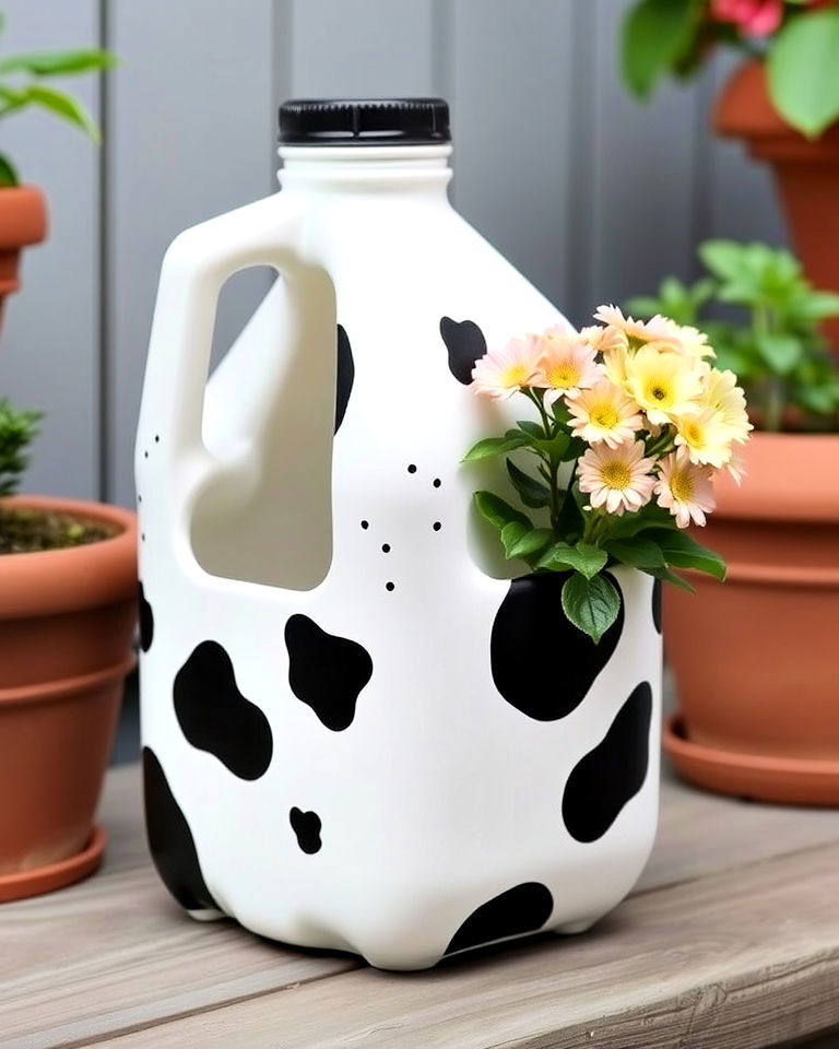 upcycle old milk jugs into adorable cow themed planters - 15 Cow Planter Pot Ideas