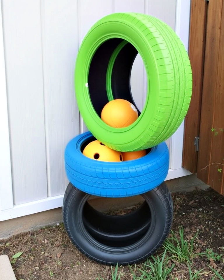 upcycle old tires into functional storage racks - 25 Outdoor Toy Storage Ideas