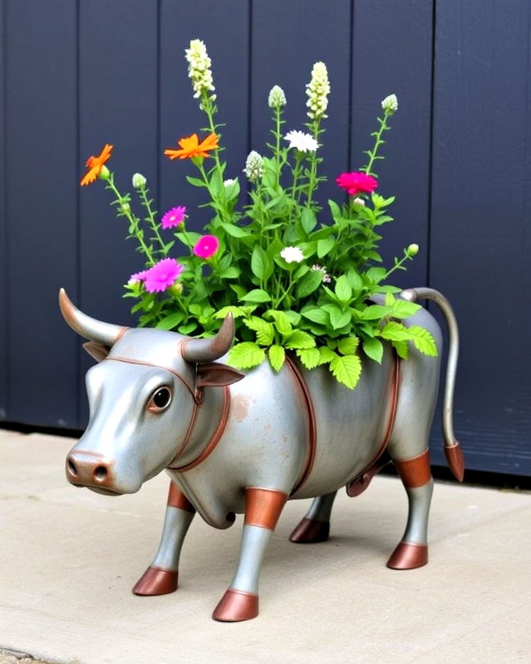 upcycled metal cow planter - 15 Cow Planter Pot Ideas