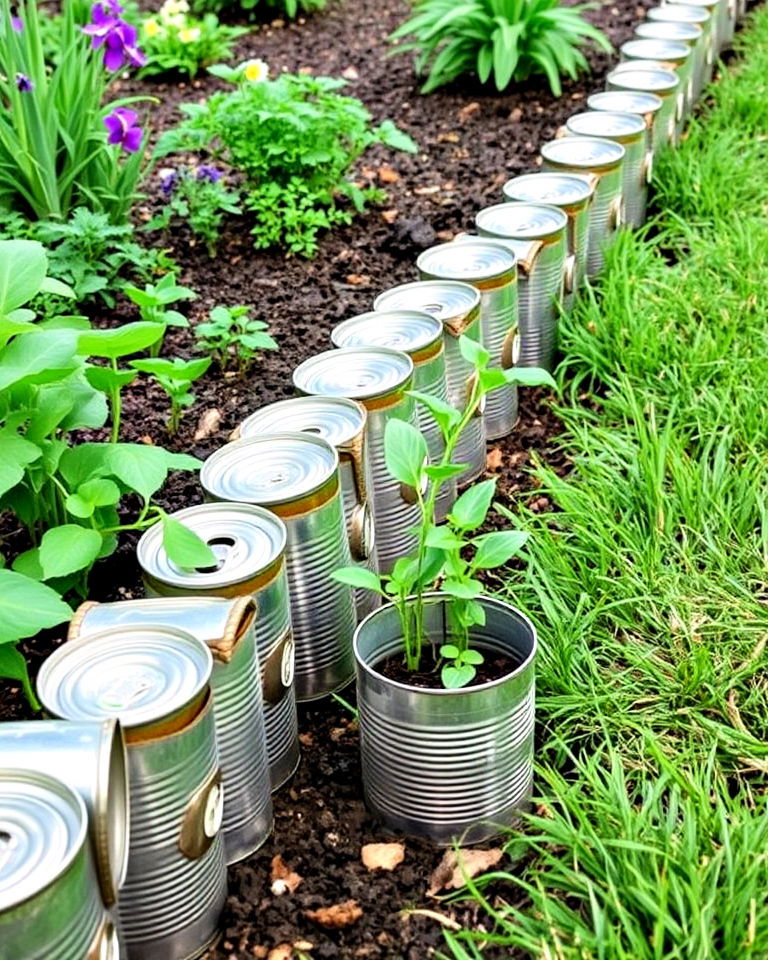 upcycled tin cans garden edging - 15 Recycled Garden Edging Ideas