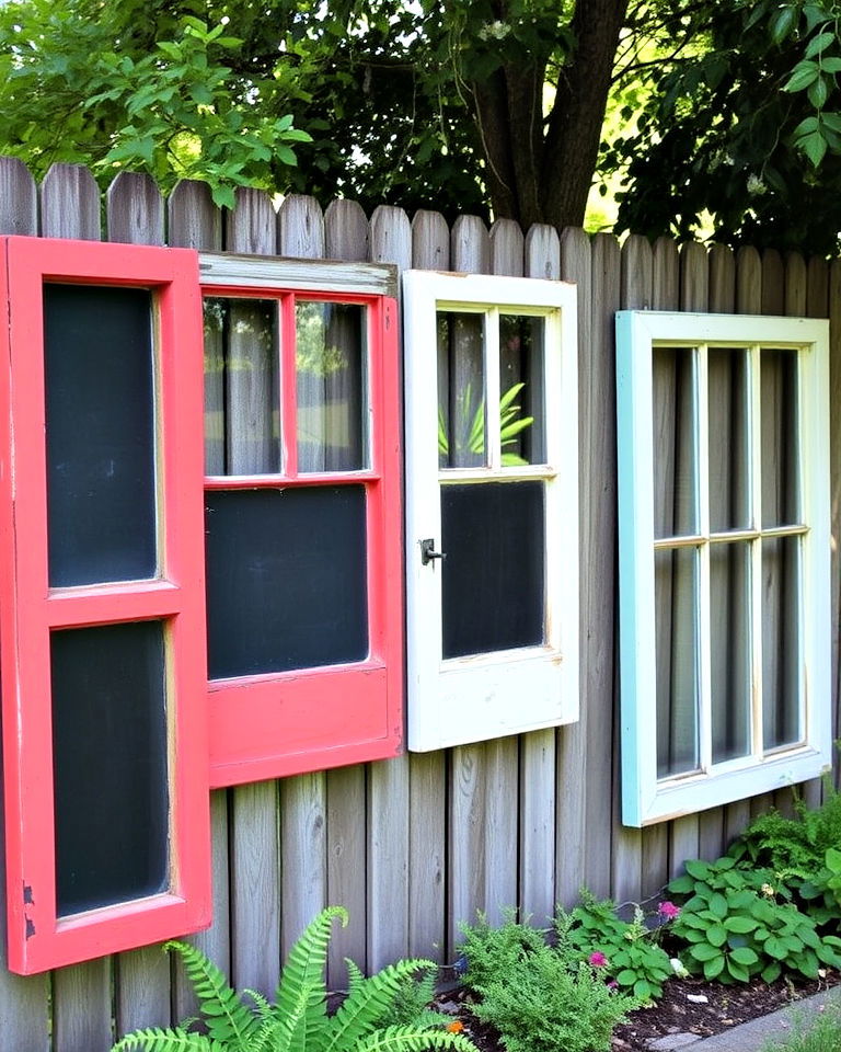 upcycled window frames as fence art - 20 Fence Art Ideas