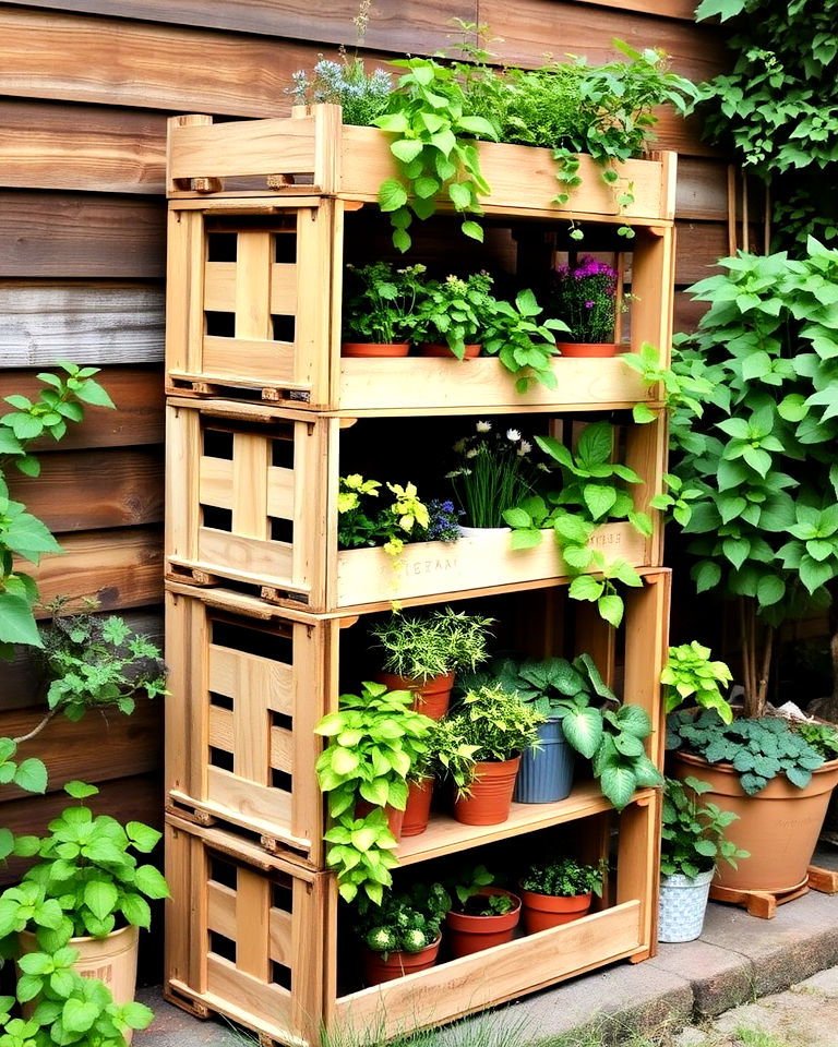 upcycled wooden crates for vertical gardens - 20 Vintage Garden Ideas