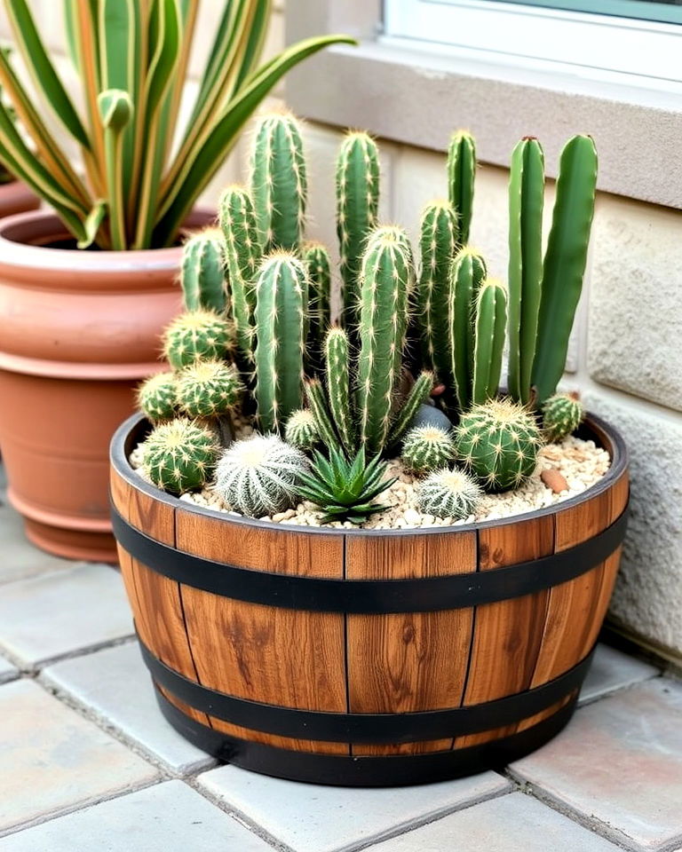 use a wine barrel to showcase a variety of cacti - 15 Wine Barrel Planter Ideas