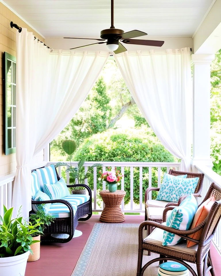 use bold outdoor curtains for front porch - 25 Summer Front Porch Decor Ideas