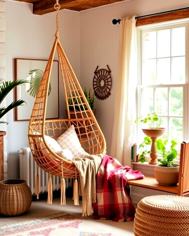 use hanging chairs for a relaxed vibe - 25 Rustic Boho Living Room Ideas