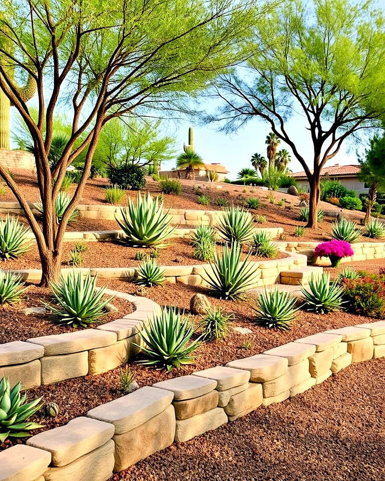 use retaining walls with desert plants - 25 Arizona Front Yard Landscaping Ideas
