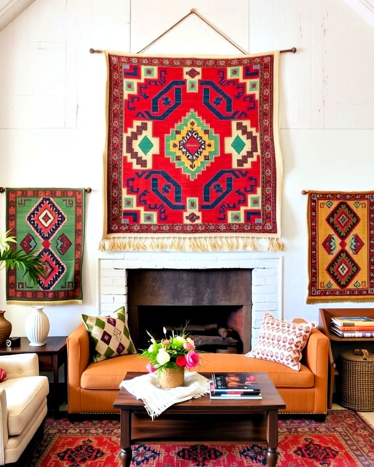use vintage rugs as wall hangings - 25 Rustic Boho Living Room Ideas