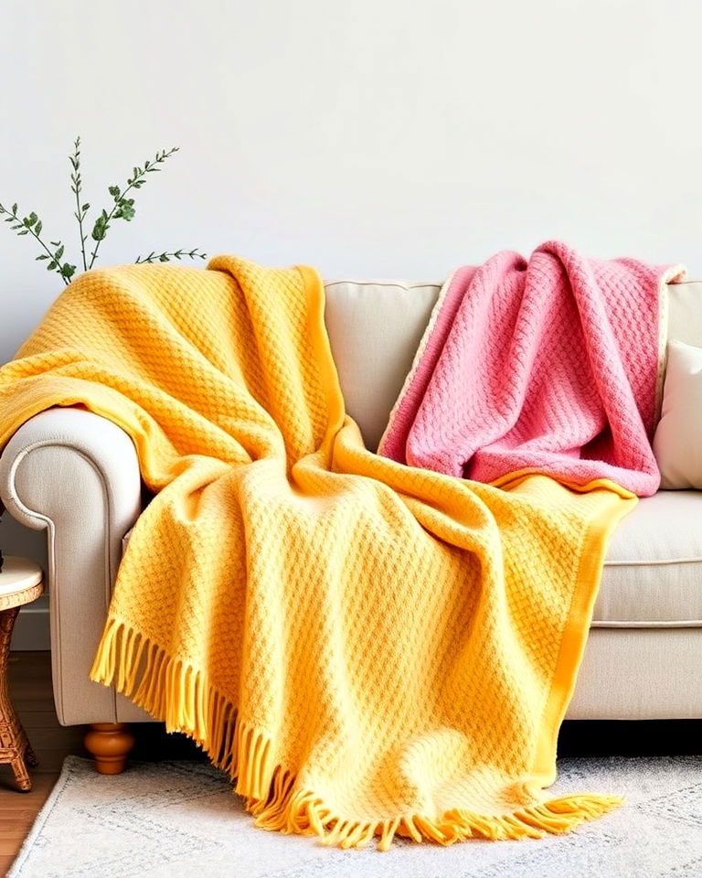use yellow and pink throws and blankets - 25 How to Decorate With Yellow and Pink-captions