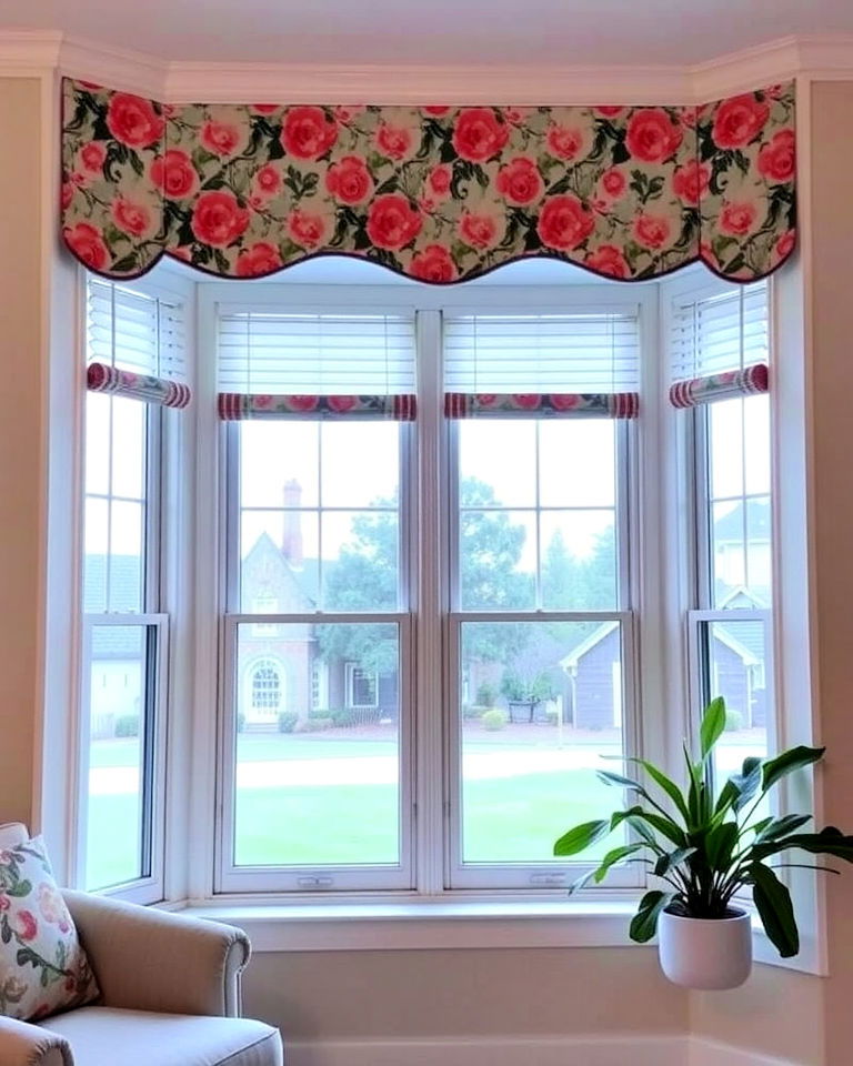 valances with patterns for playful design - 30 Bay Window Treatment Ideas