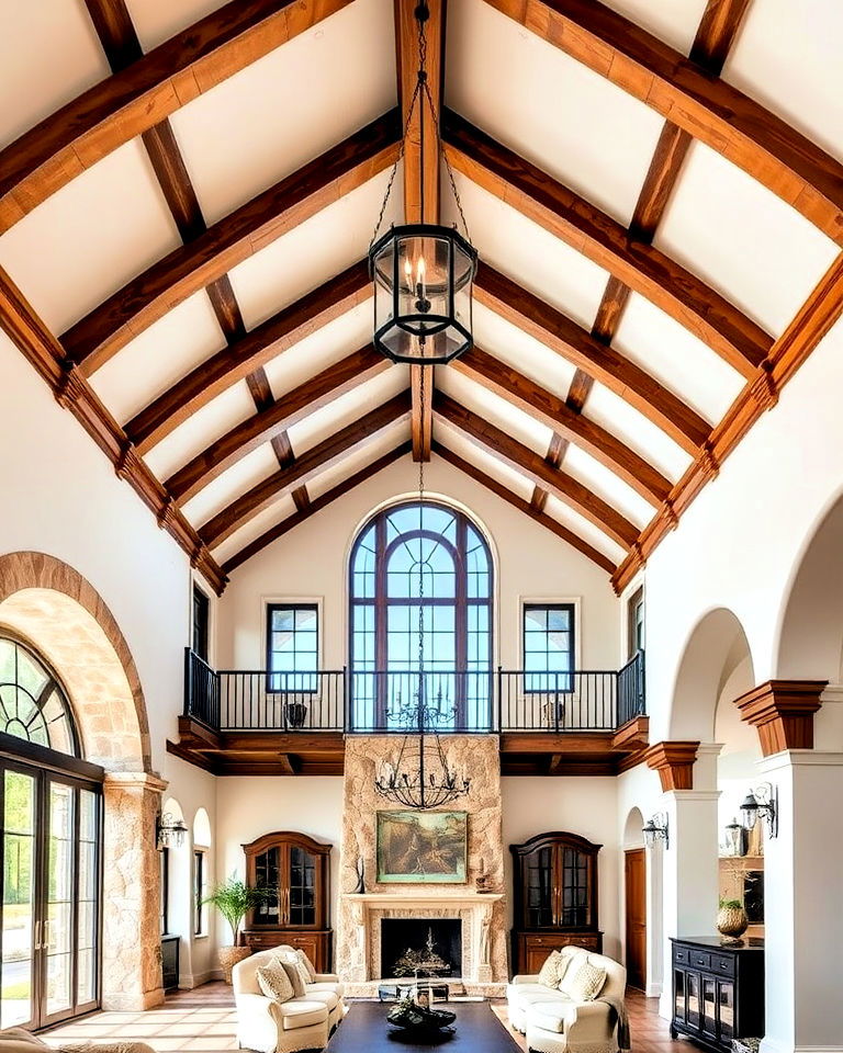 vaulted ceiling with wooden beams - 25 Mediterranean Mansion Ideas