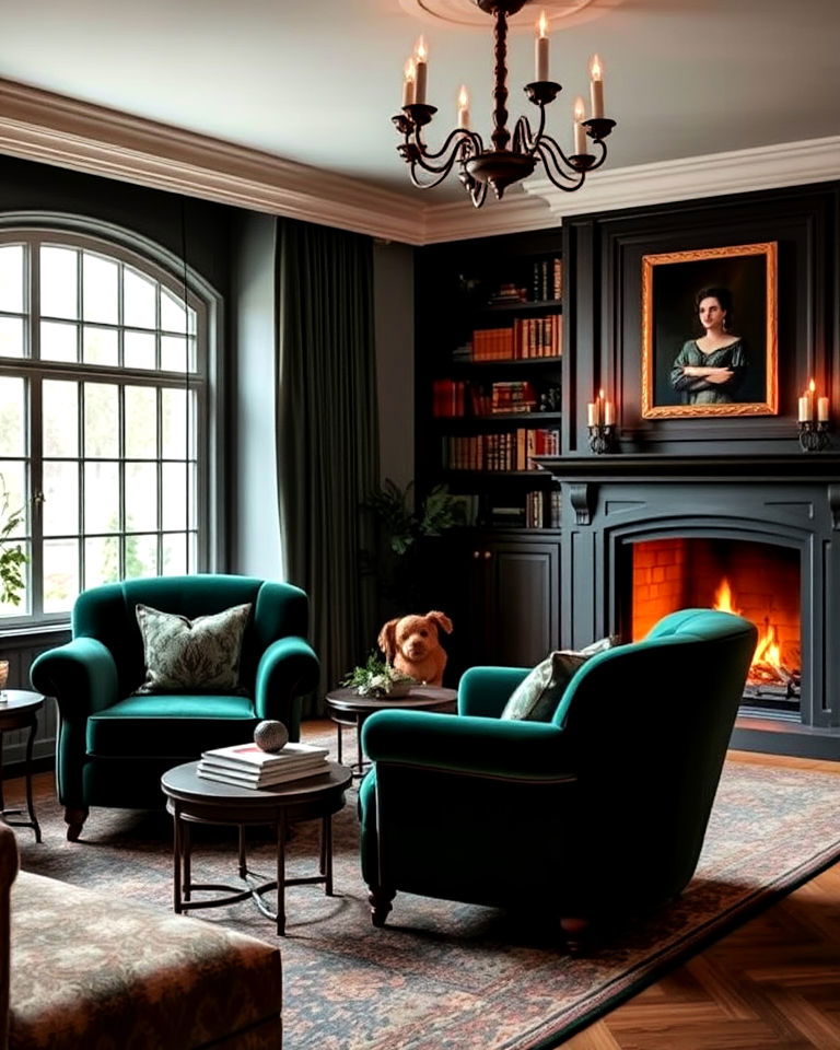 velvet armchairs in jewel tones living room - 25 Dark Academia Living Room Ideas
