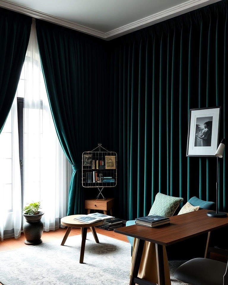 velvet drapes and heavy curtains for study - 15 Dark Academia Study Room Ideas