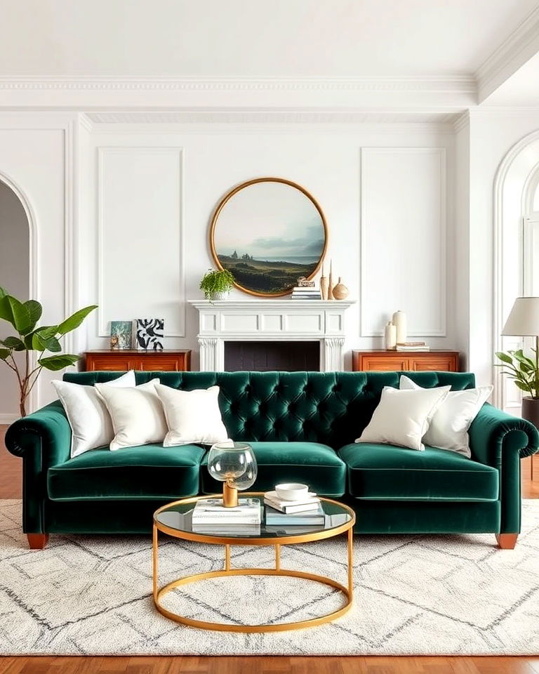 velvet forest green sofa living room - 25 Forest Green Living Room Ideas