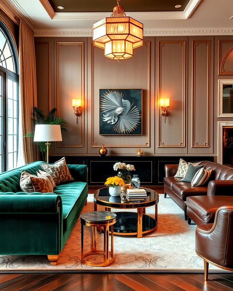 velvet sofa with metallic accents and a sleek leather couch - 15 Mismatched Sofas in Living Room Ideas