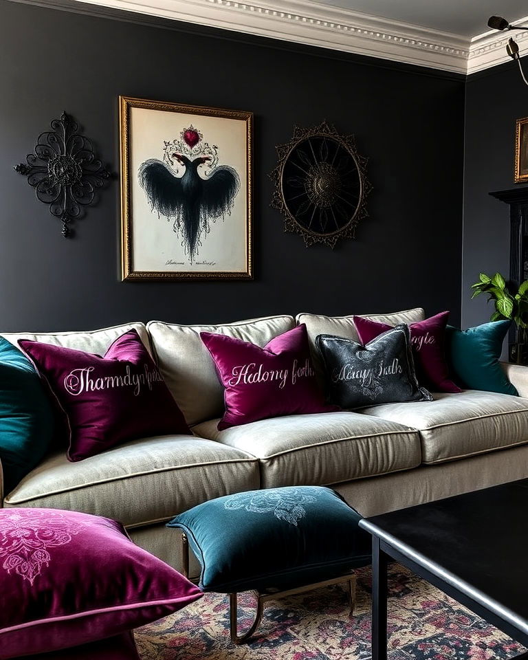 velvet throw pillows in deep hues living room - 20 Whimsigoth Living Room Ideas