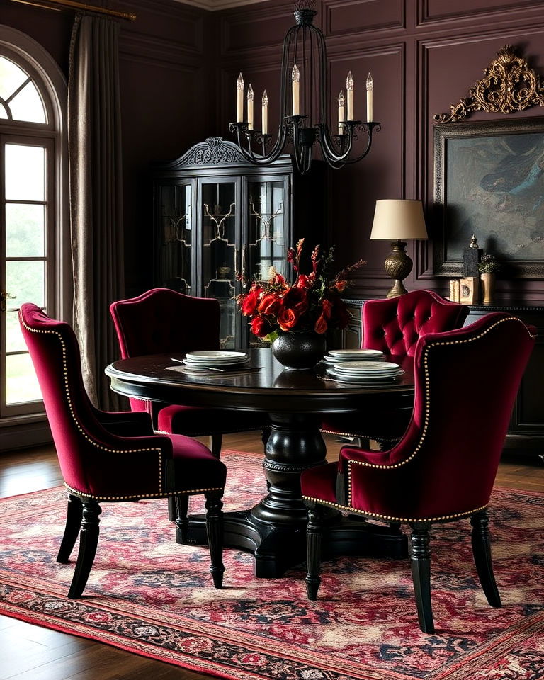 velvet upholstered dining chairs - 15 Dark Academia Dining Room Ideas