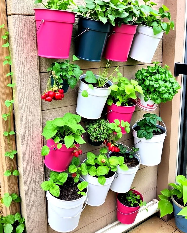vertical bucket garden for growing herbs - 15 Bucket Garden Ideas