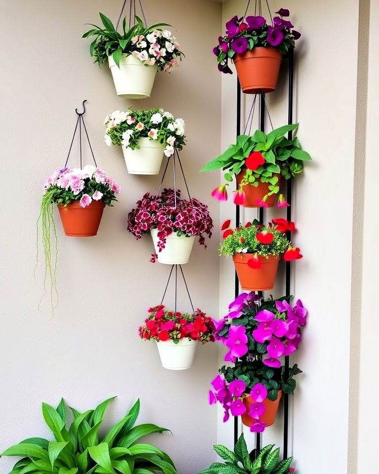 vertical garden effect with a tower of hanging baskets in a corner - 15 Corner Garden Ideas With Pots