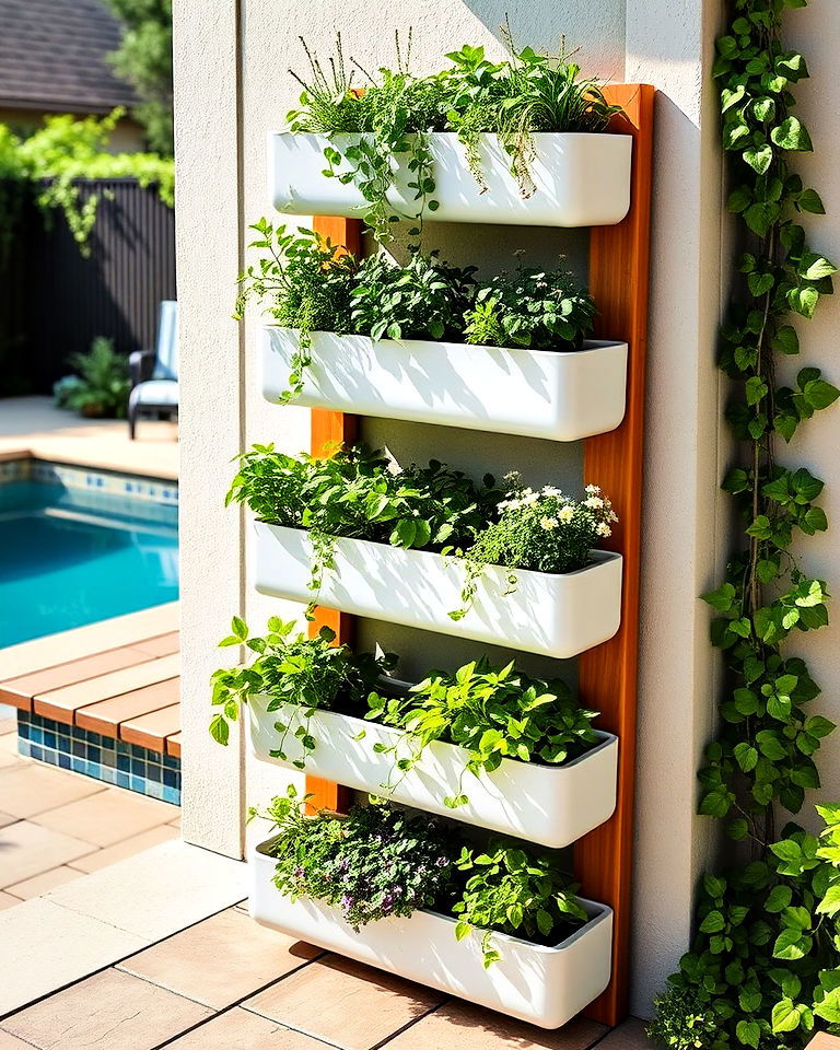 vertical garden planters for compact greenery - 25 Pool Planter Ideas