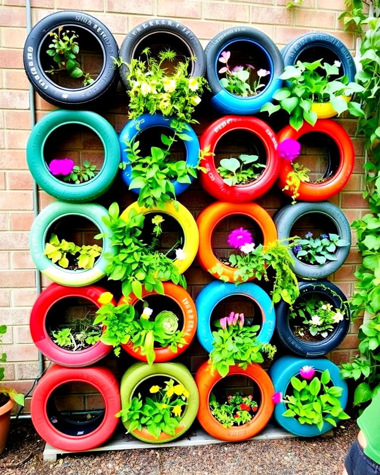 vertical garden wall using stacked tyres - 25 Recycled Tyre Garden Art Ideas