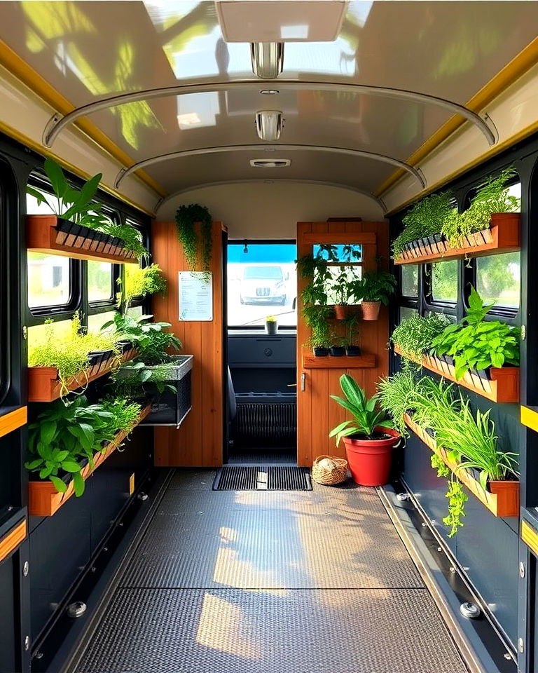 vertical gardening walls inside the bus - 15 School Bus Greenhouse Ideas