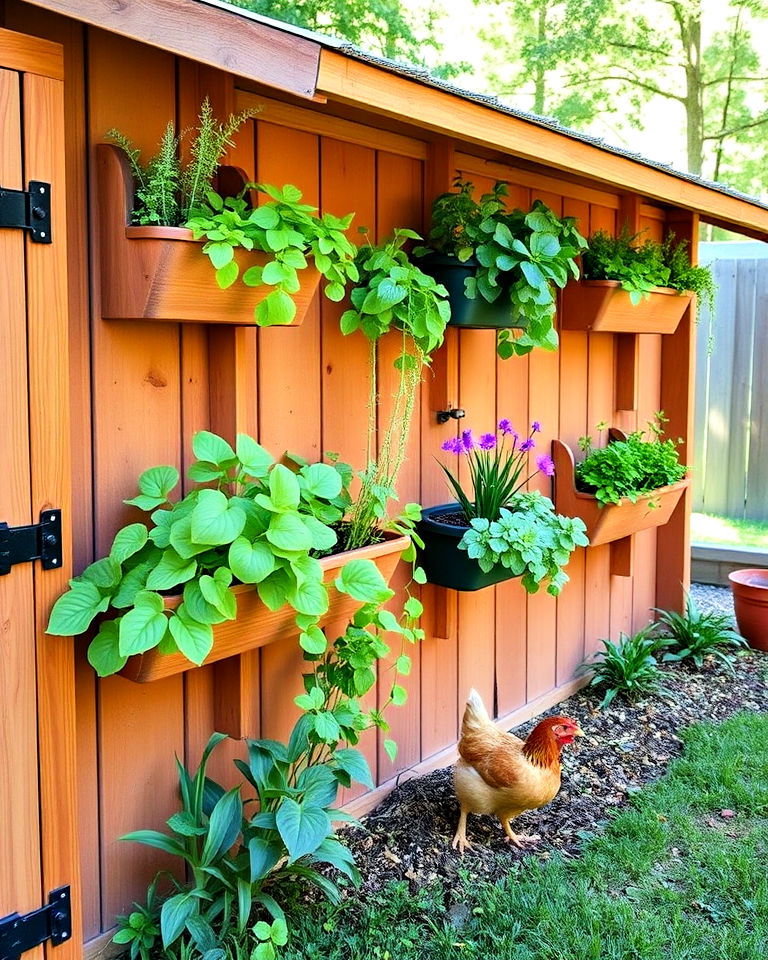 vertical planters on coop walls - 15 Backyard Chicken Coop Landscaping Ideas