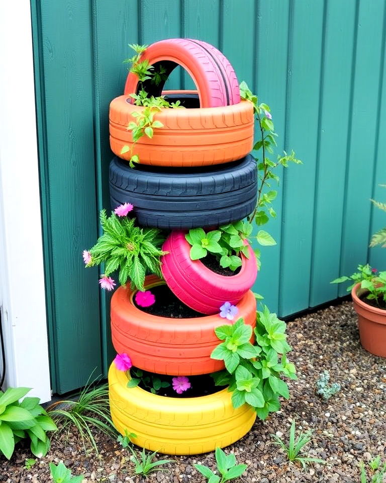 vertical tire planters - 25 Tire Garden Ideas