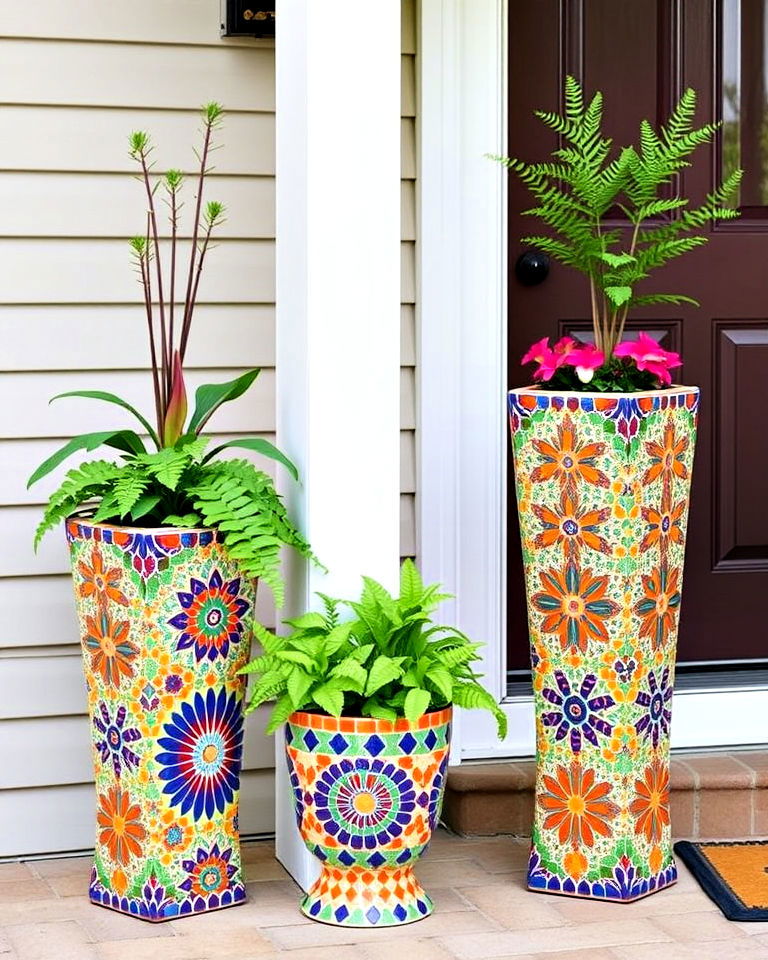 vibrancy with colorful mosaic tall planters - 20 Tall Planters for Front Porch