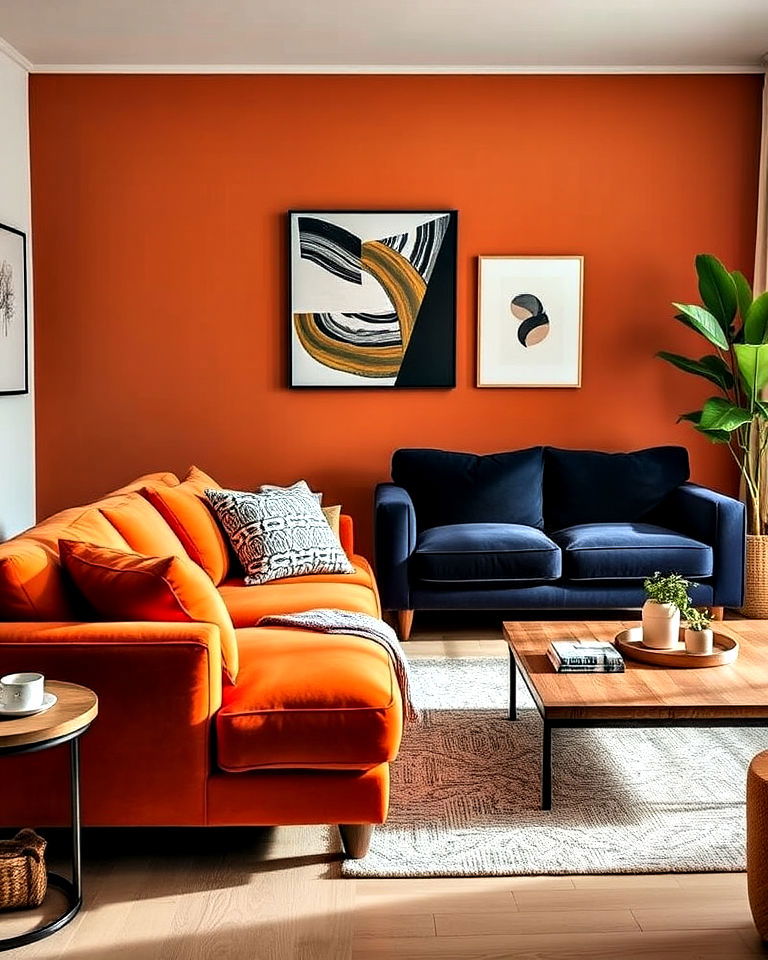 vibrant orange sofa alongside a deep navy one - 15 Mismatched Sofas in Living Room Ideas