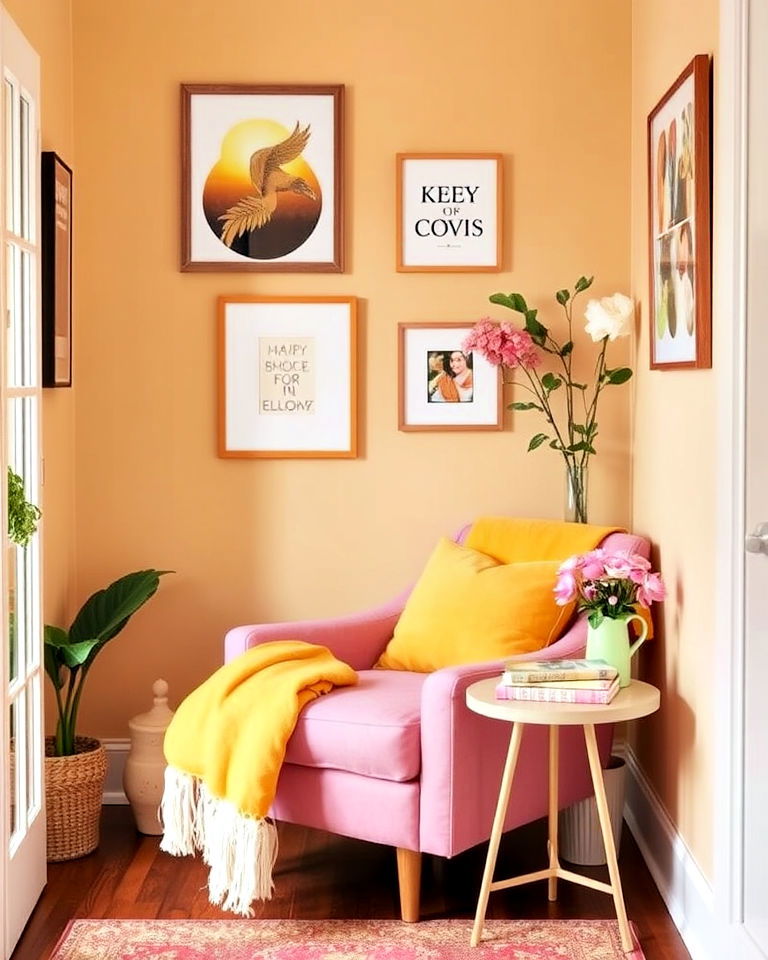 vibrant reading nook with yellow and pink accent - 25 How to Decorate With Yellow and Pink-captions