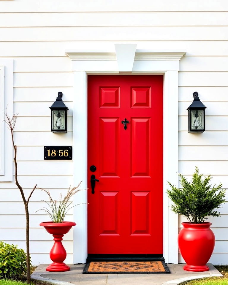 vibrant red front door against crisp white walls - 25 Red Front Door Ideas