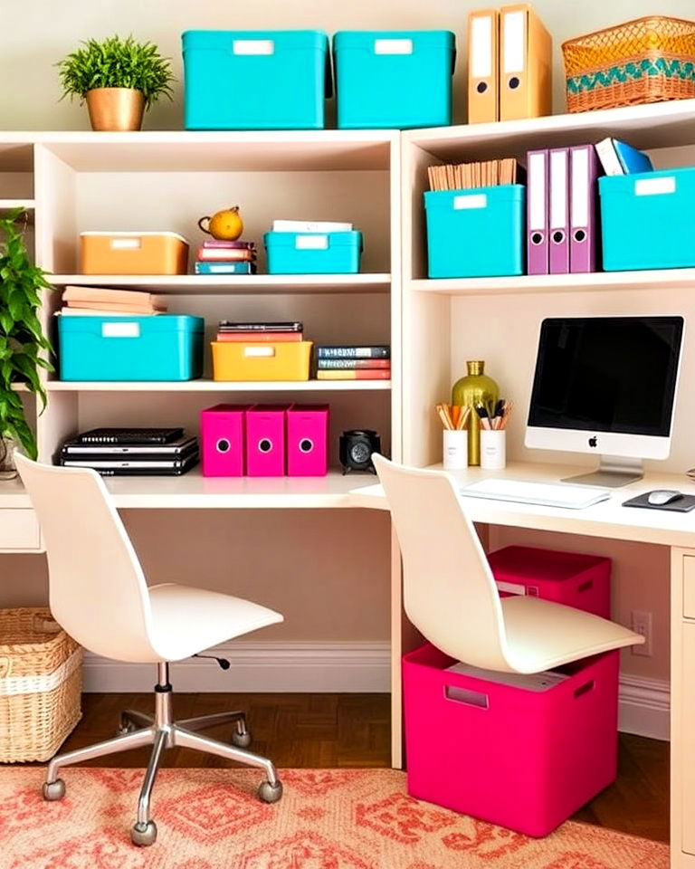 vibrant storage solutions like turquoise bins - 30 Colorful Home Office Ideas