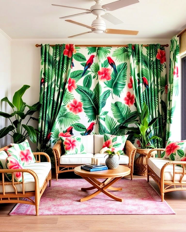 vibrant tropical print fabric for living rooms - 20 Tropical Living Room Ideas