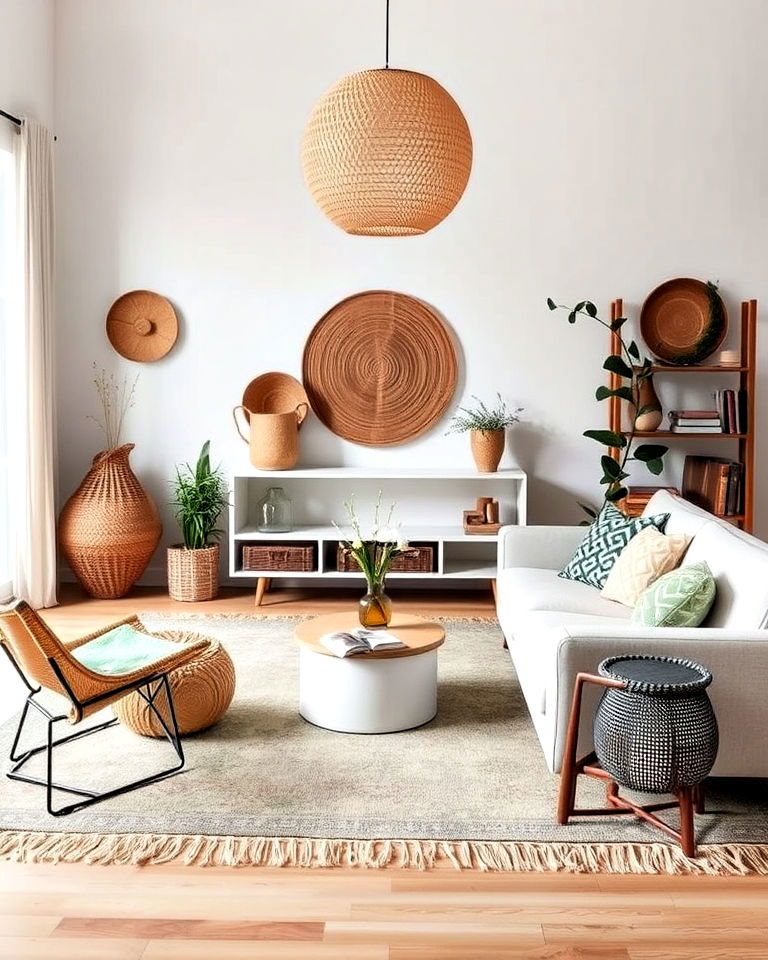 vintage and handcrafted accents for living room - 20 Minimalist Modern Boho Living Room Ideas