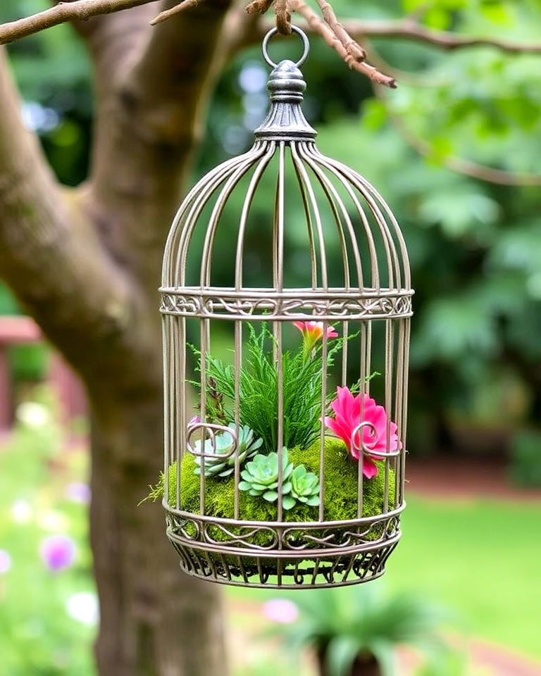 vintage birdcage into a unique plant holder - 20 Vintage Garden Ideas