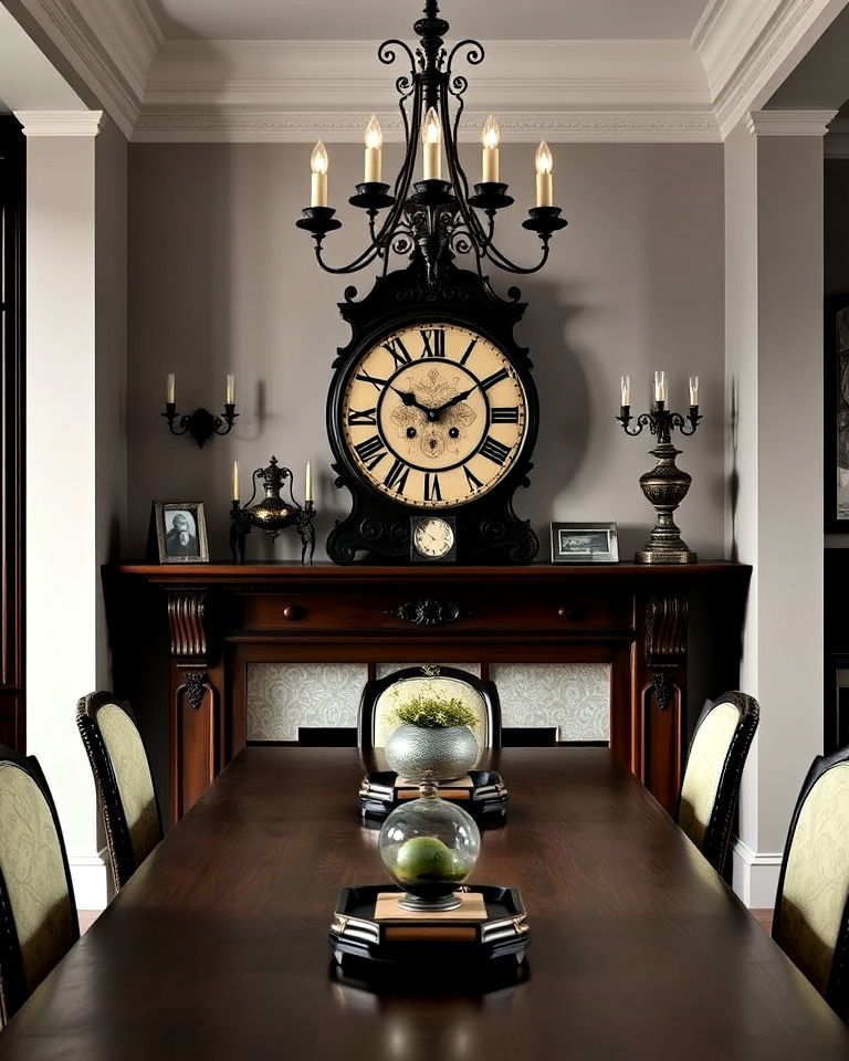 vintage clock as a centerpiece - 15 Dark Academia Dining Room Ideas