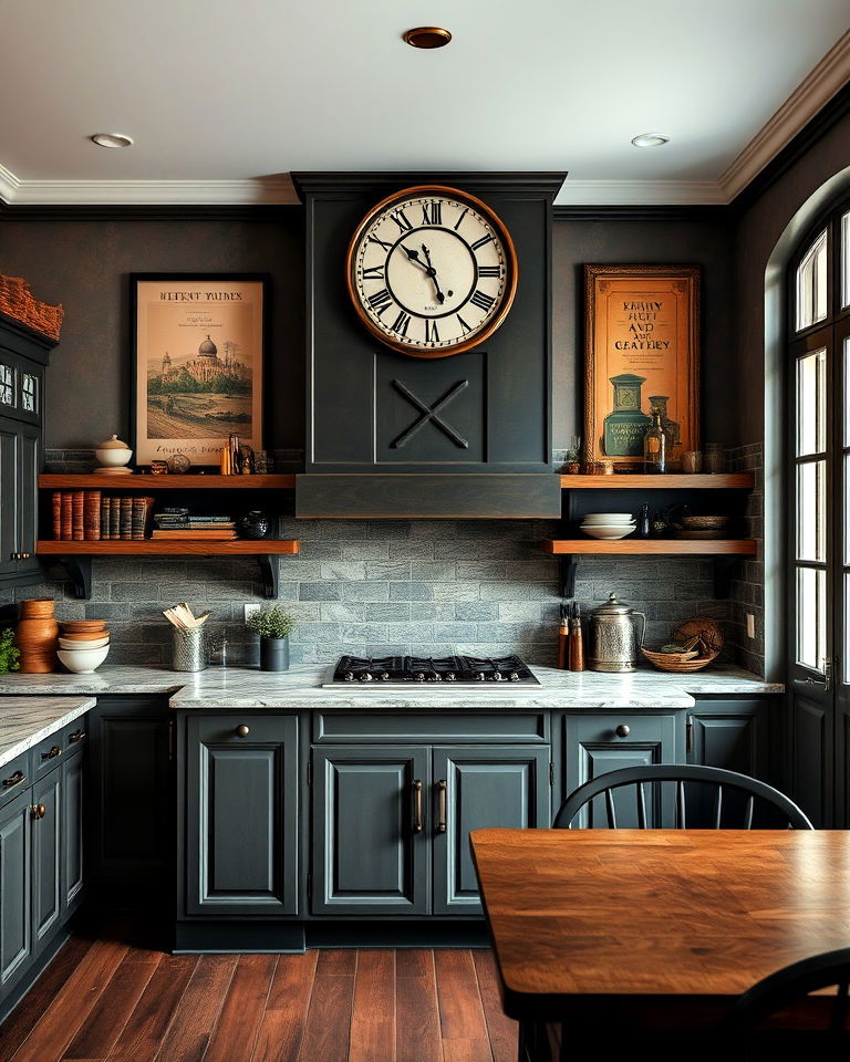 vintage clocks and wall art - 25 Dark Academia Kitchen Ideas