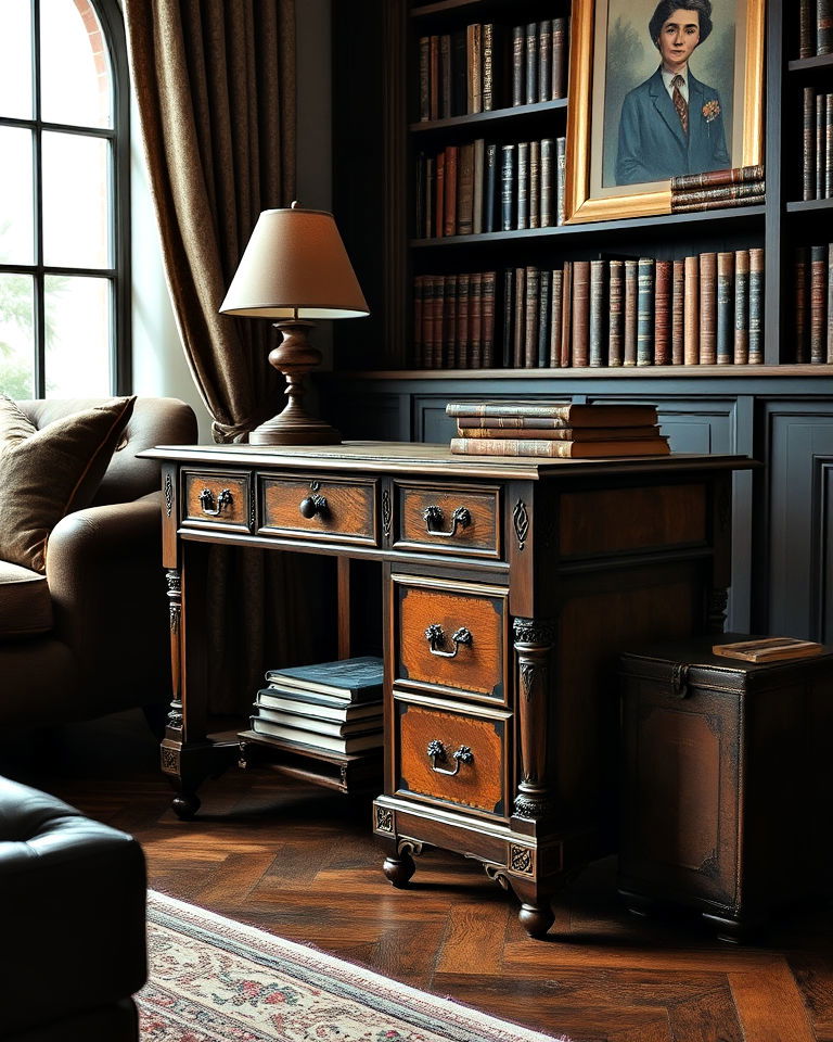 vintage desk as a side table living room - 25 Dark Academia Living Room Ideas