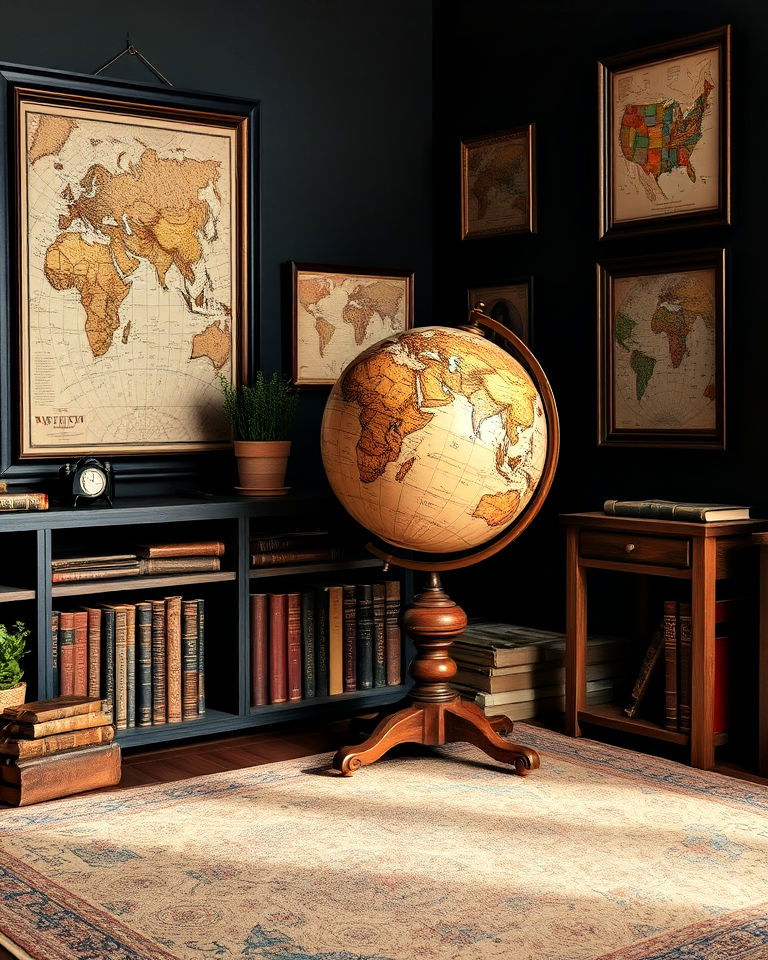 vintage globe and maps study room - 15 Dark Academia Study Room Ideas