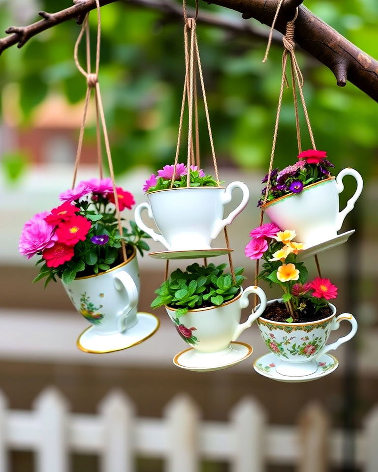 vintage hanging teacup planters - 20 Whimsical Garden Ideas