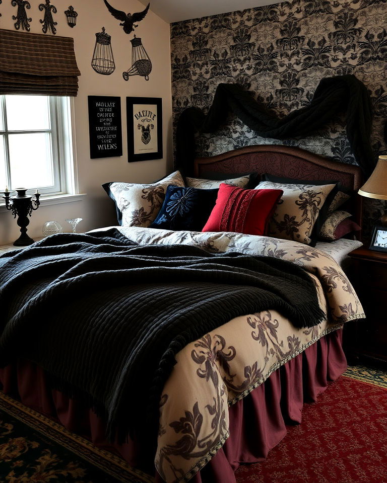 vintage inspired bedding in classic patterns - 15 Dark Academia Dorm Room Ideas