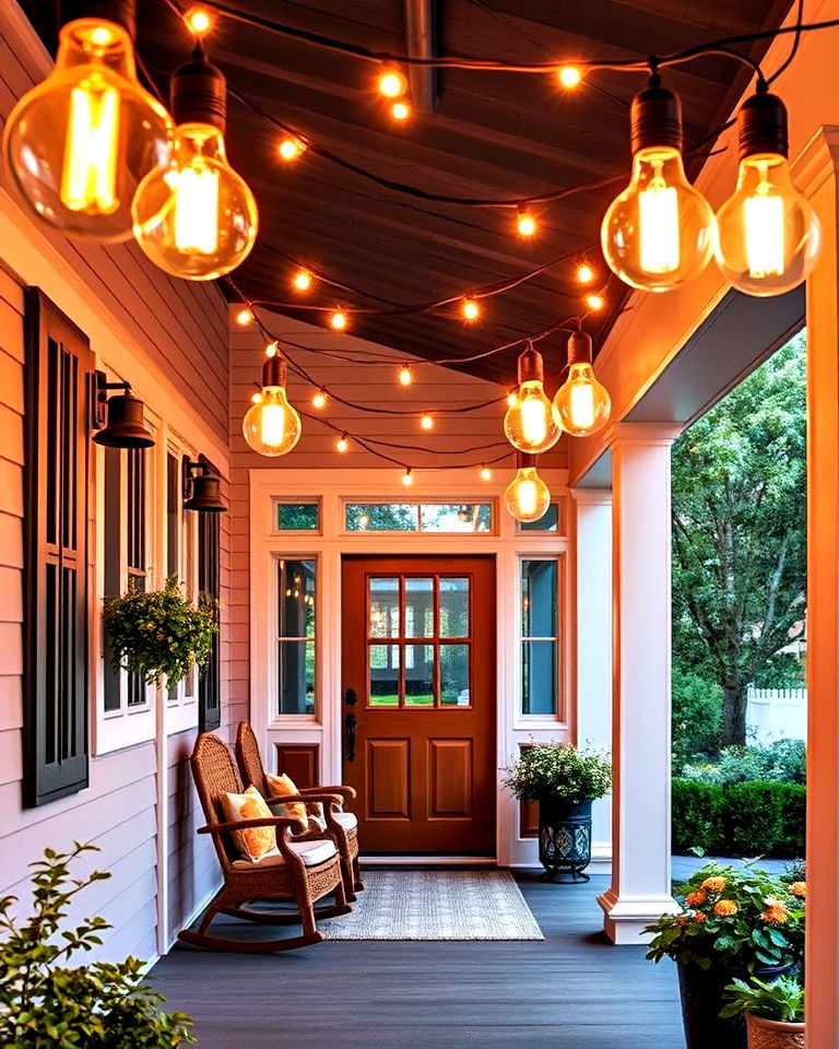 vintage marquee bulbs for bold personality - 15 Front Porch String Lights Ideas