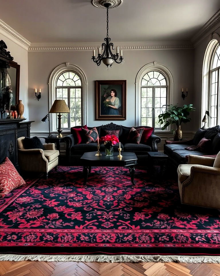 vintage rug with dark patterns - 20 Whimsigoth Living Room Ideas