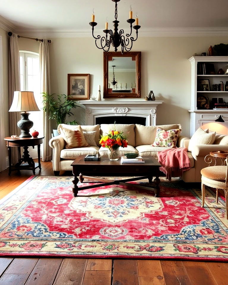 vintage rugs to add texture and color - 30 French Country Living Room Ideas