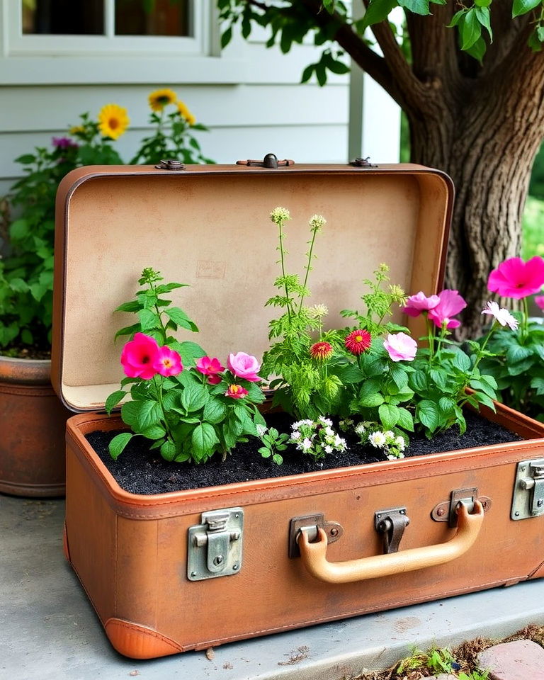 vintage suitcase flower beds - 20 Vintage Garden Ideas